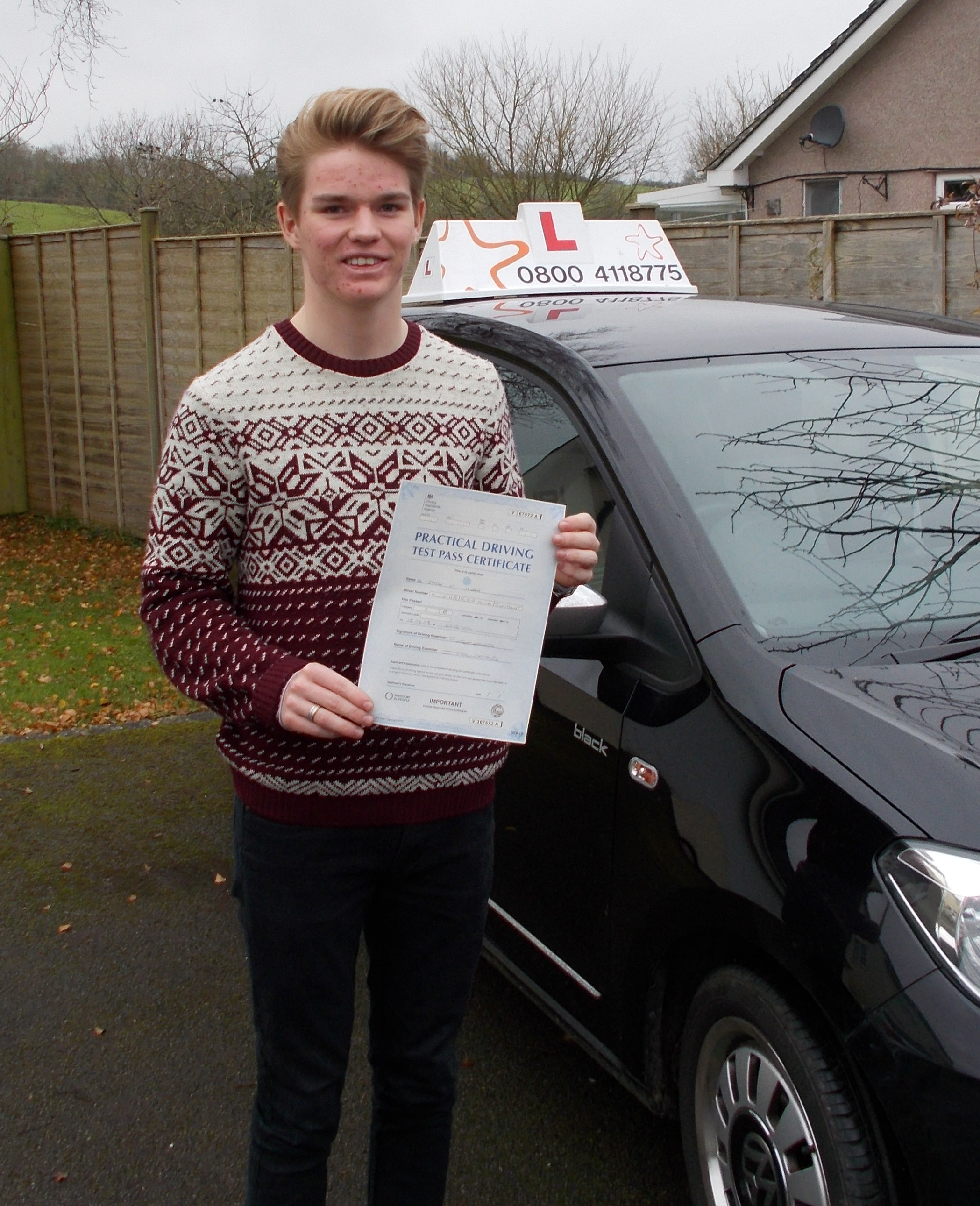 Jack with his Practical Driving Test Pass Certificate somewhere in Weare