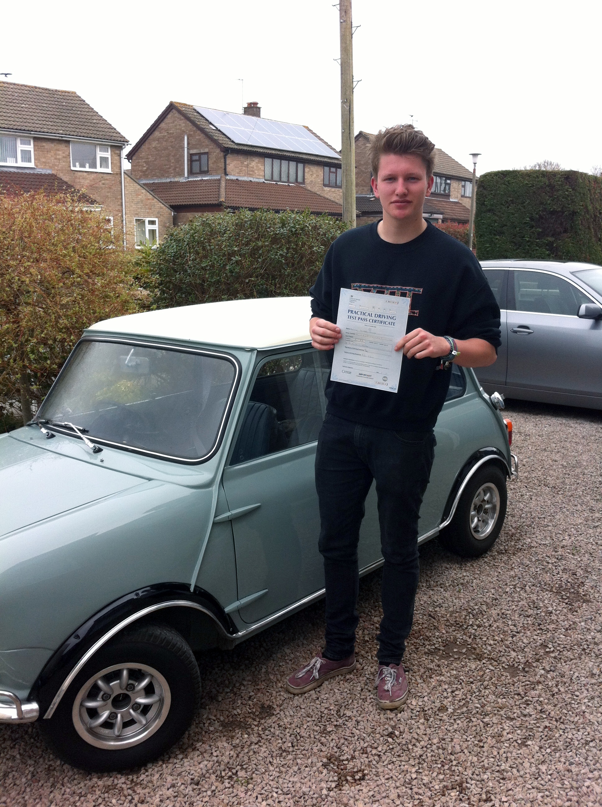 Harry with his Practical Driving Test Pass Certificate somewhere in Winscombe.