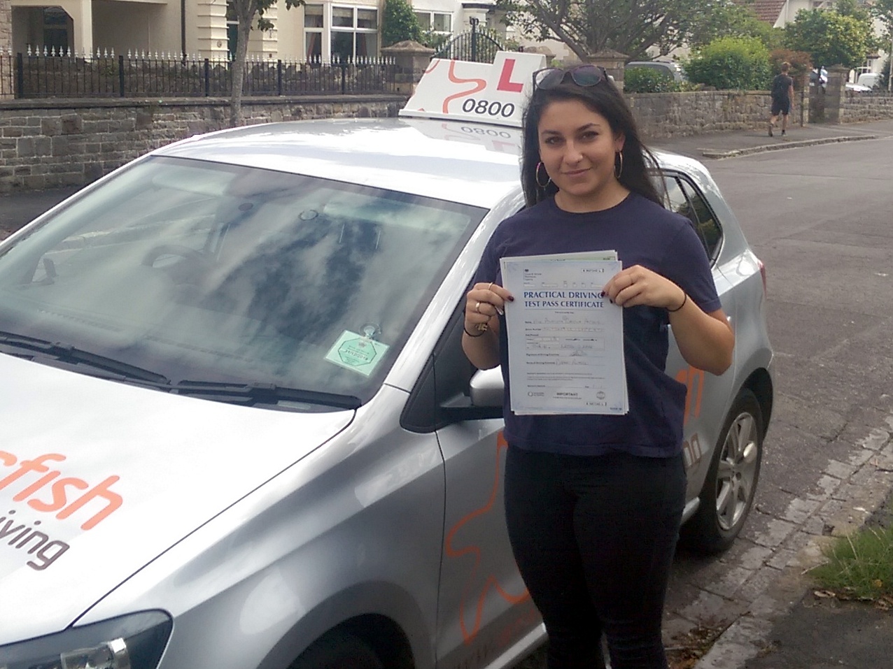 Penny with her Practical Driving Test Pass Certificate somewhere in Weston-super-mare.
